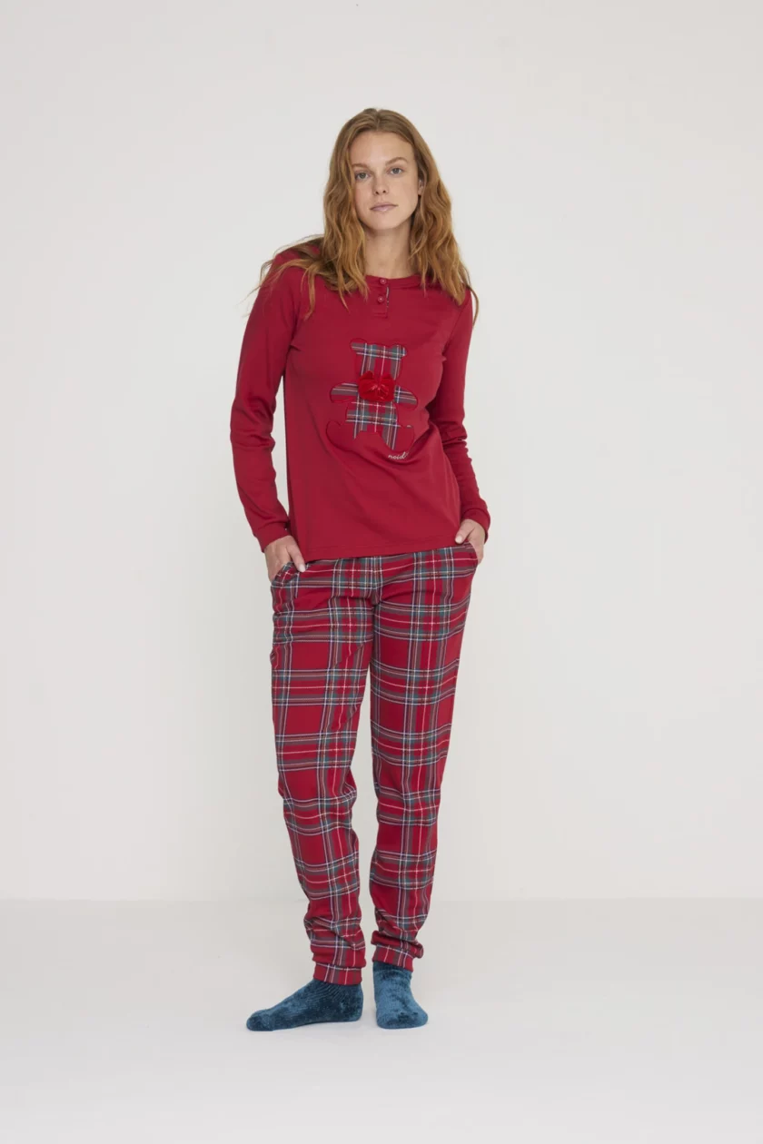 Pigiama donna winter bear in caldo cotone con collo due bottoni FA8818 rosso