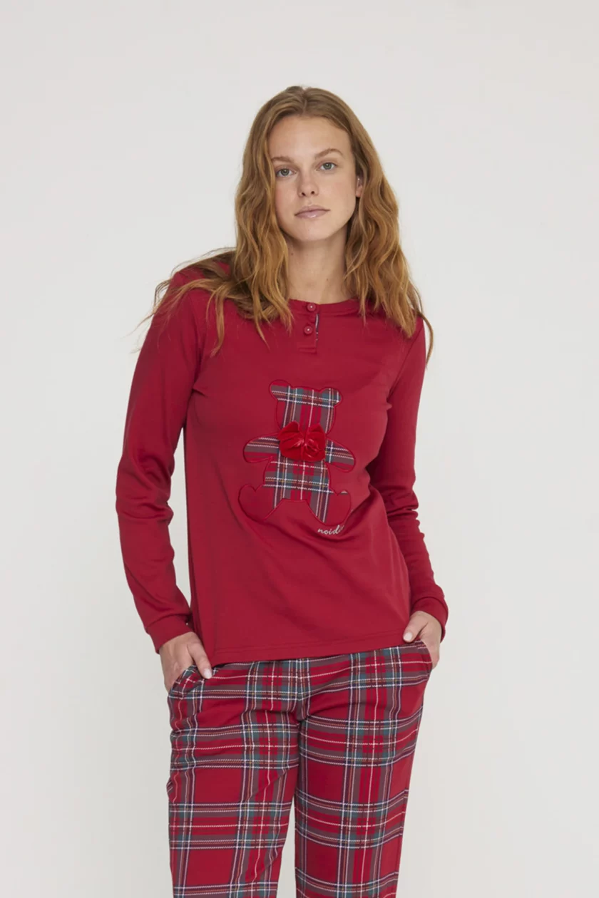 Pigiama donna winter bear in caldo cotone con collo due bottoni FA8818 rosso - immagine 2