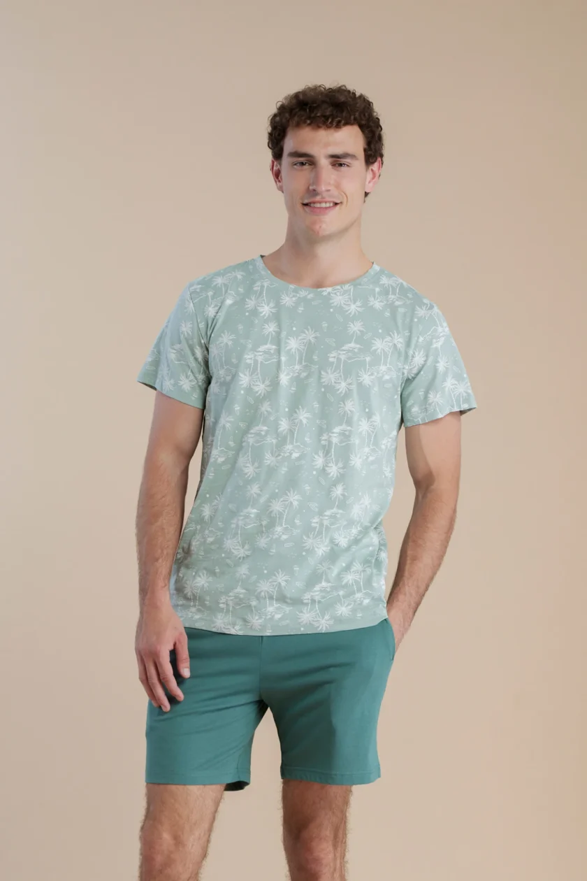 Pigiama uomo in cotone con top girocollo e pantalone corto palma FC3074 verde
