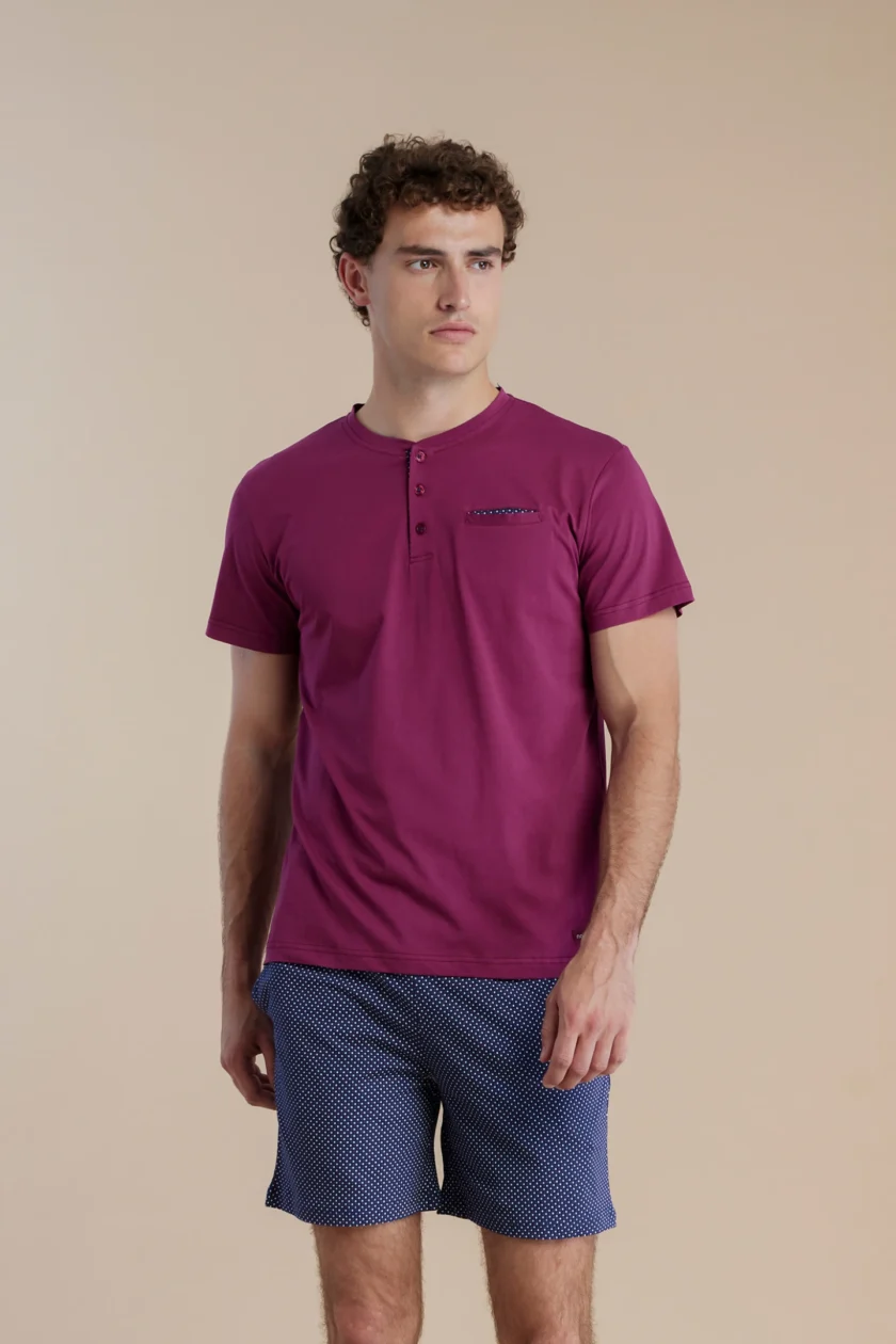 Pigiama uomo in cotone tre bottoni e pantalone corto dot FC3064 bordeuax