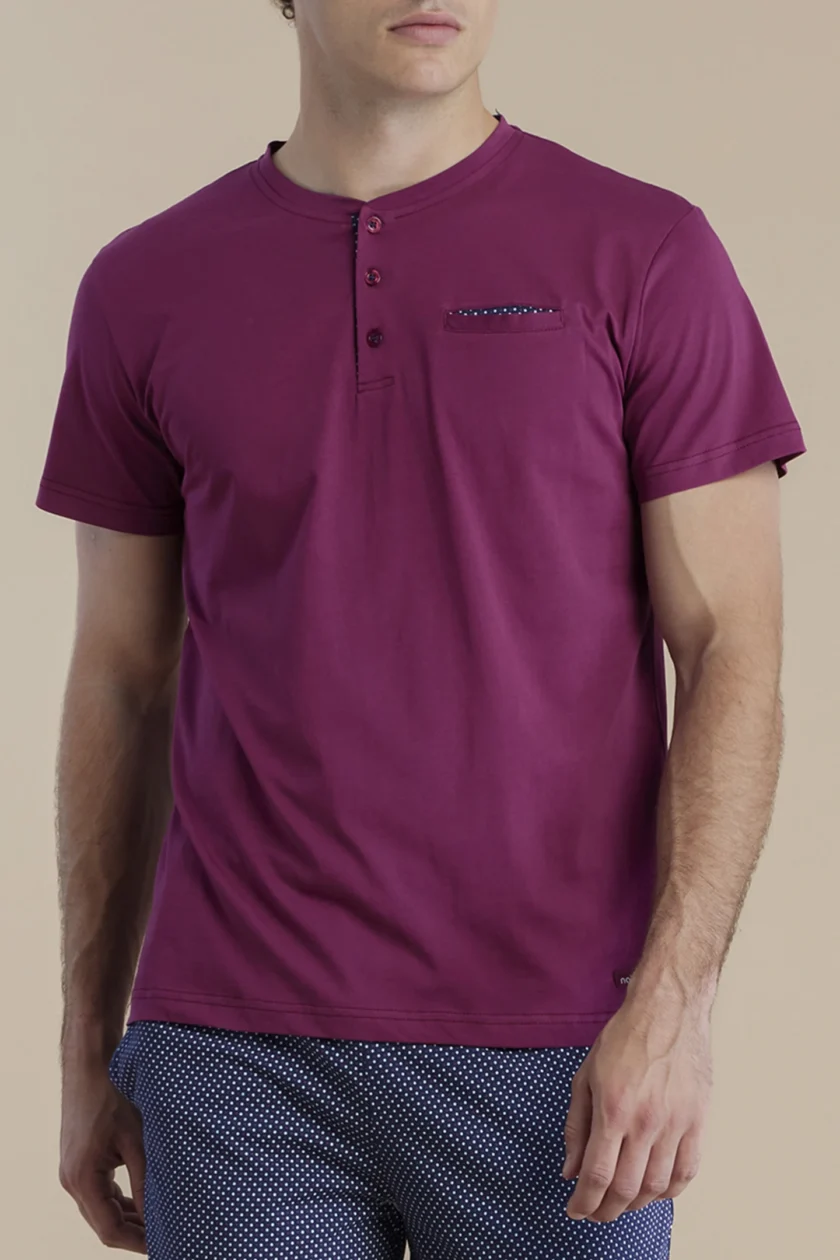 Pigiama uomo in cotone tre bottoni e pantalone corto dot FC3064 bordeuax - immagine 2